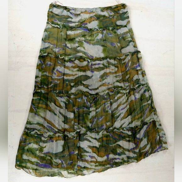 Sundance Tiered 100% Silk Maxi Skirt Green Watercolor Camo, size M Fairy Boho - Picture 2 of 14